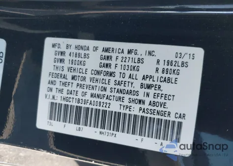 2015 Honda Accord Lx-S z USA, uszkodzony, nr VIN 1HGCT1B39FA009222
